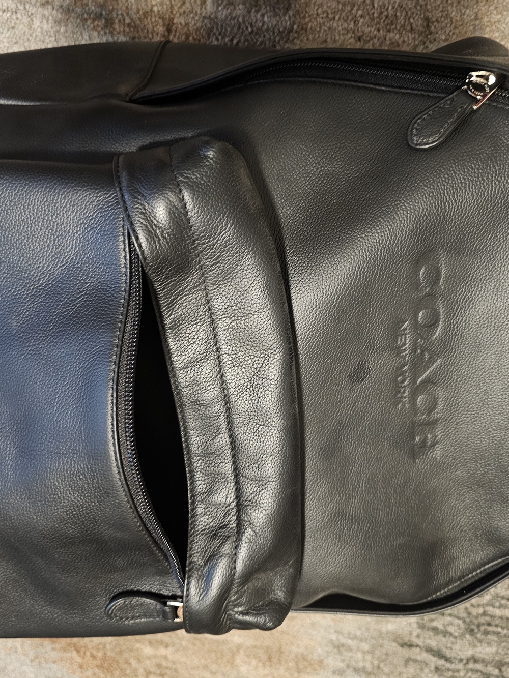 Coach Black Pebbled Leather Backpack with Front Zip Pocket